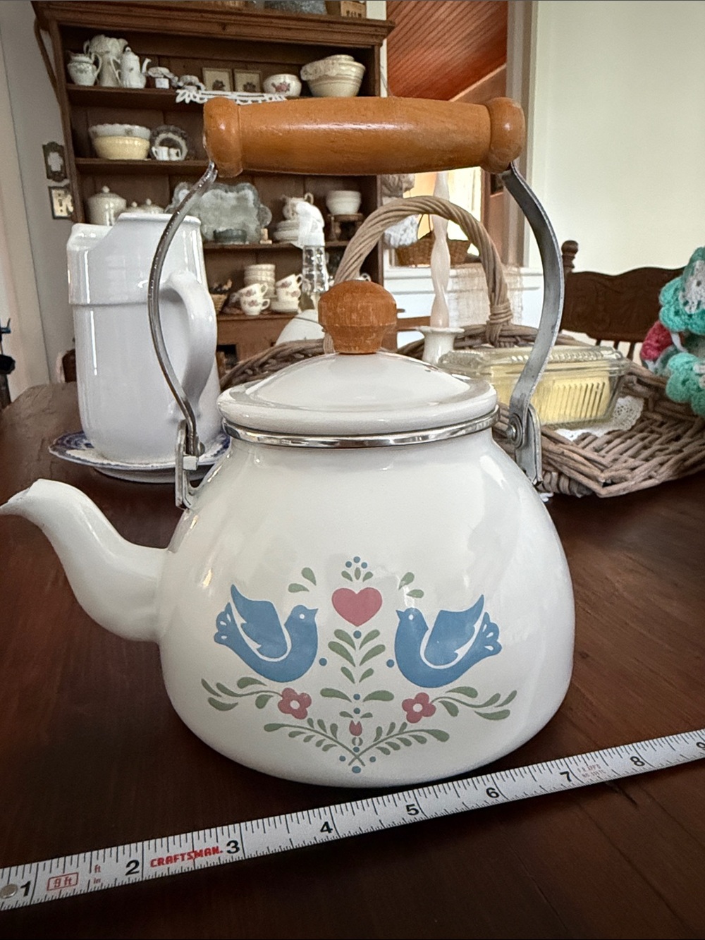 White HIMARK enameled Teapot with Blue Bird Folk Art